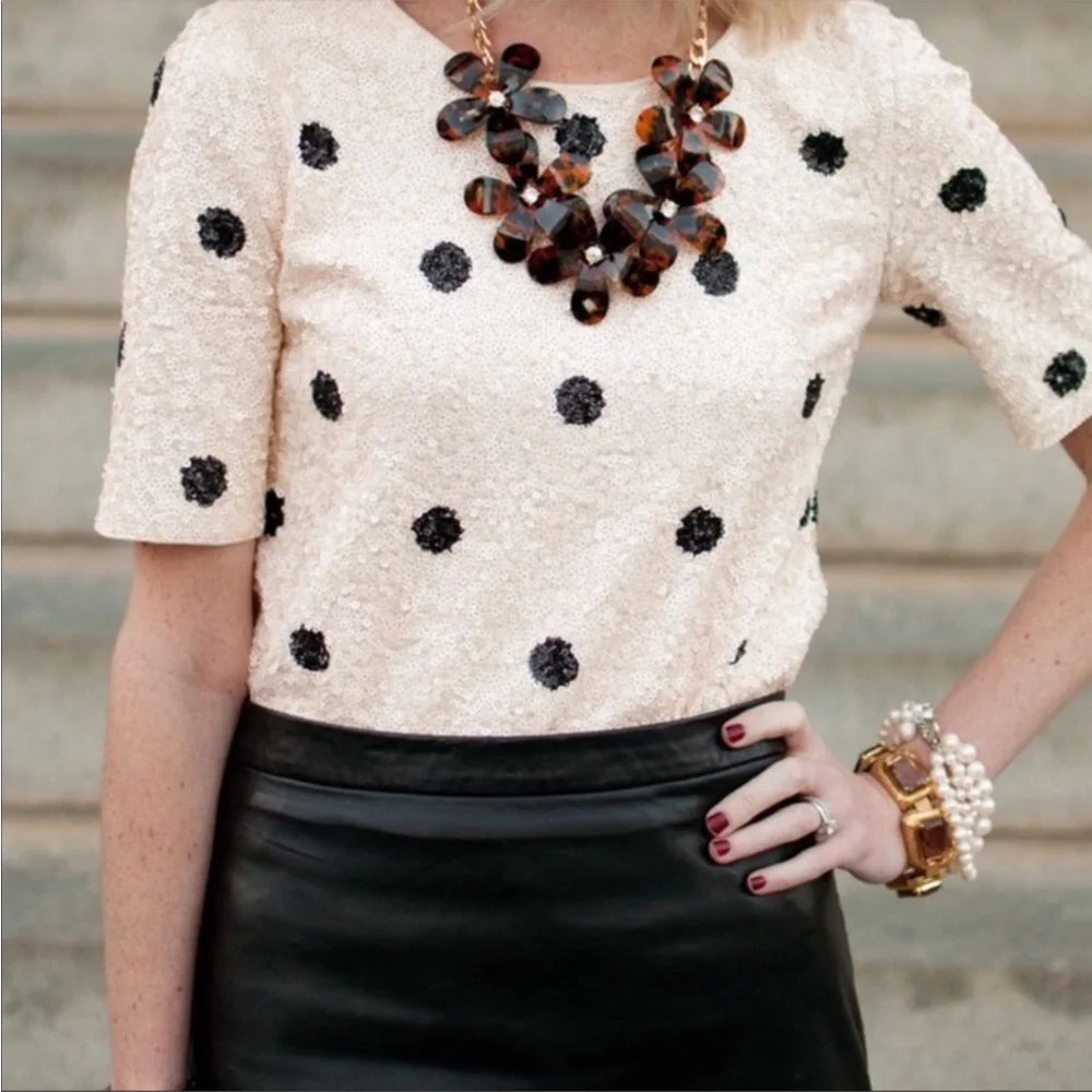 J. Crew Sequin Ivory and Black Polka Dot Top - Picture 7 of 16